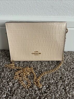 COACH Cream Croc-Embossed Leather Crossbody with Gold Chain
